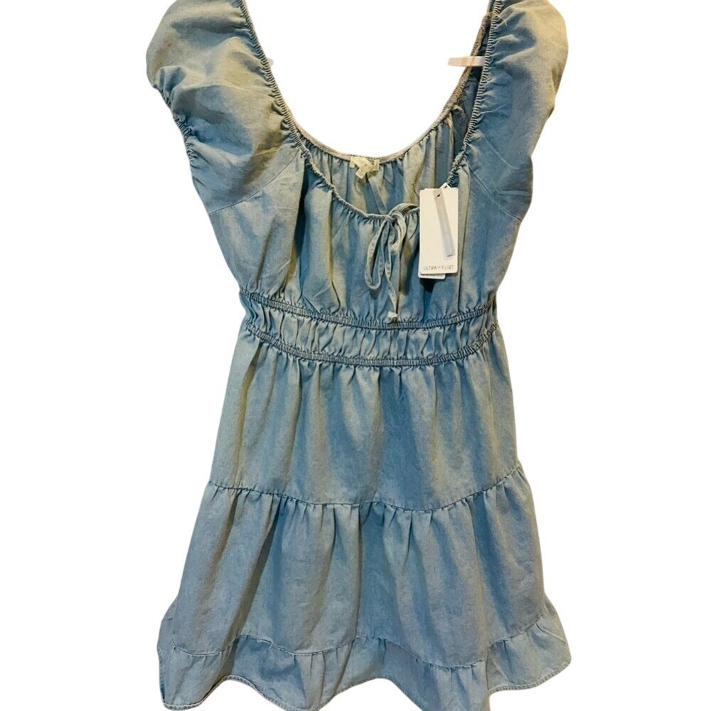 Coastal Cowgirl Light Wash Denim Tiered Mini Dress Blue Ultra Flirt Large NWT